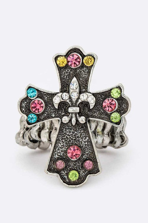 Crystal Cross Fleur De Lis Stretch Ring Adjustable Faith