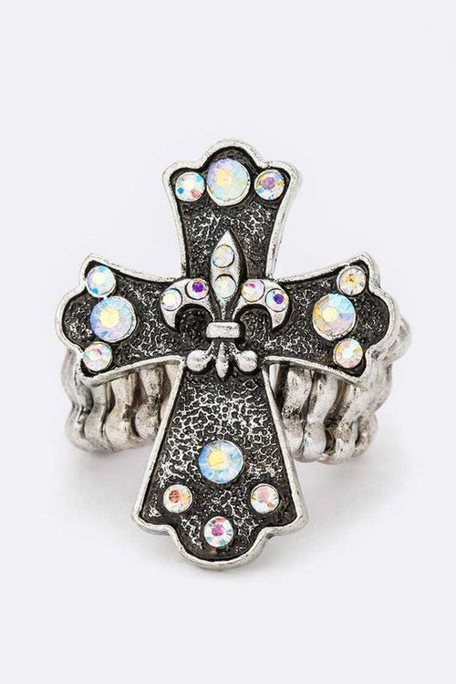 Crystal Cross Fleur De Lis Stretch Ring Adjustable Faith