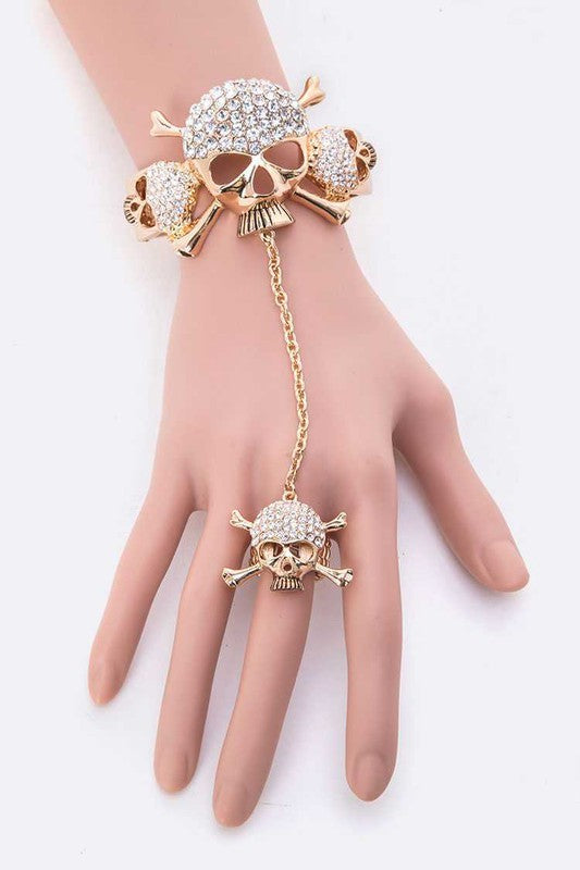 Crystal Skull Bangle Ring Set Gold Plated Gothic Jewelry