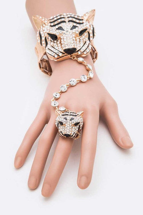Crystal Tiger Hand Chain Bracelet With Ring Connector