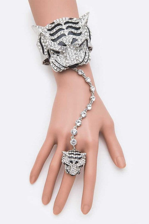 Crystal Tiger Hand Chain Bracelet With Ring Connector