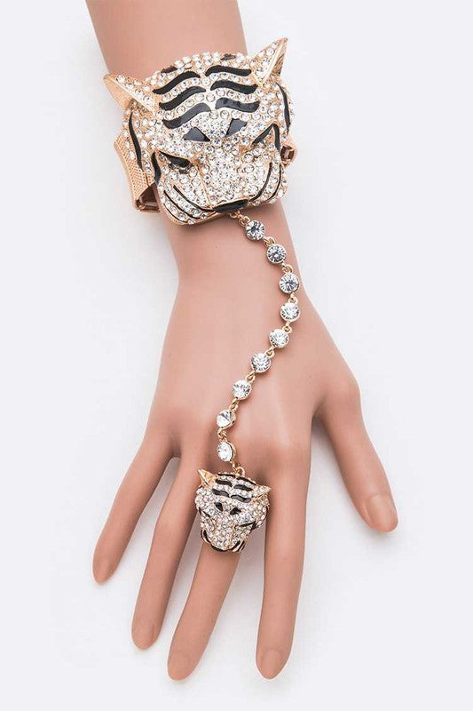 Crystal Tiger Hand Chain Bracelet With Ring Connector