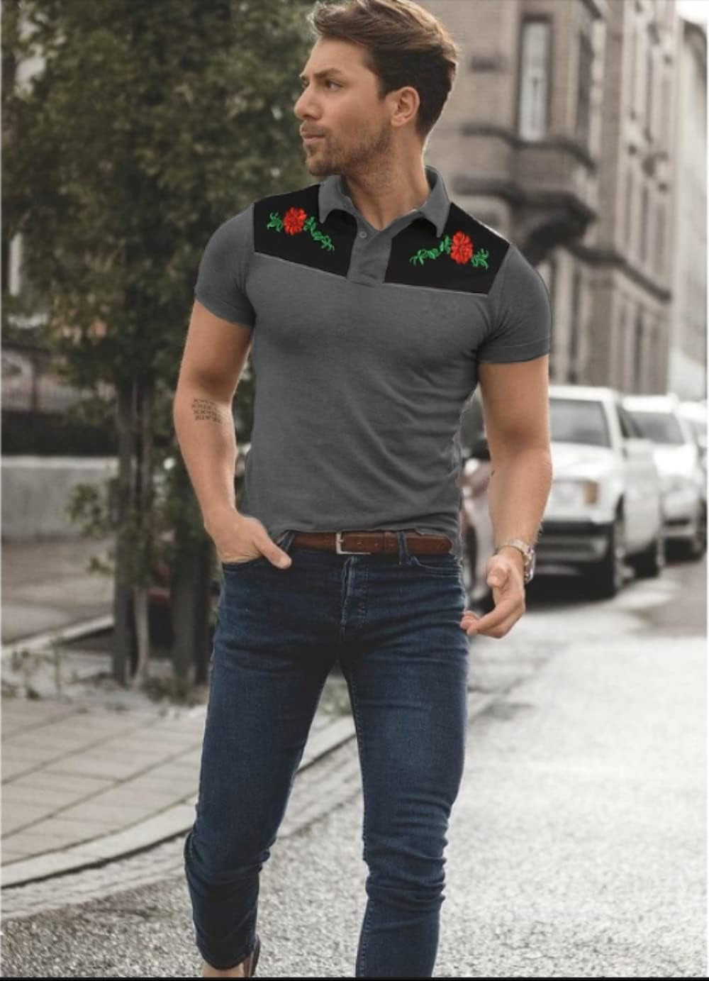 Men'S Floral Polo Tops Slim Fit Summer Short Sleeve Polo T Shirt (Large, Blue)