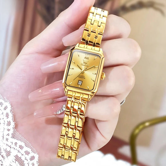 Women's Gold Stainless Steel Rectangular Dress Watch
