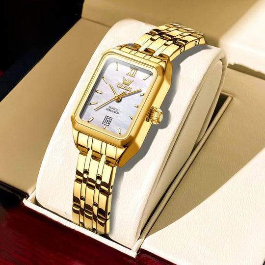 Women's Gold Stainless Steel Rectangular Dress Watch