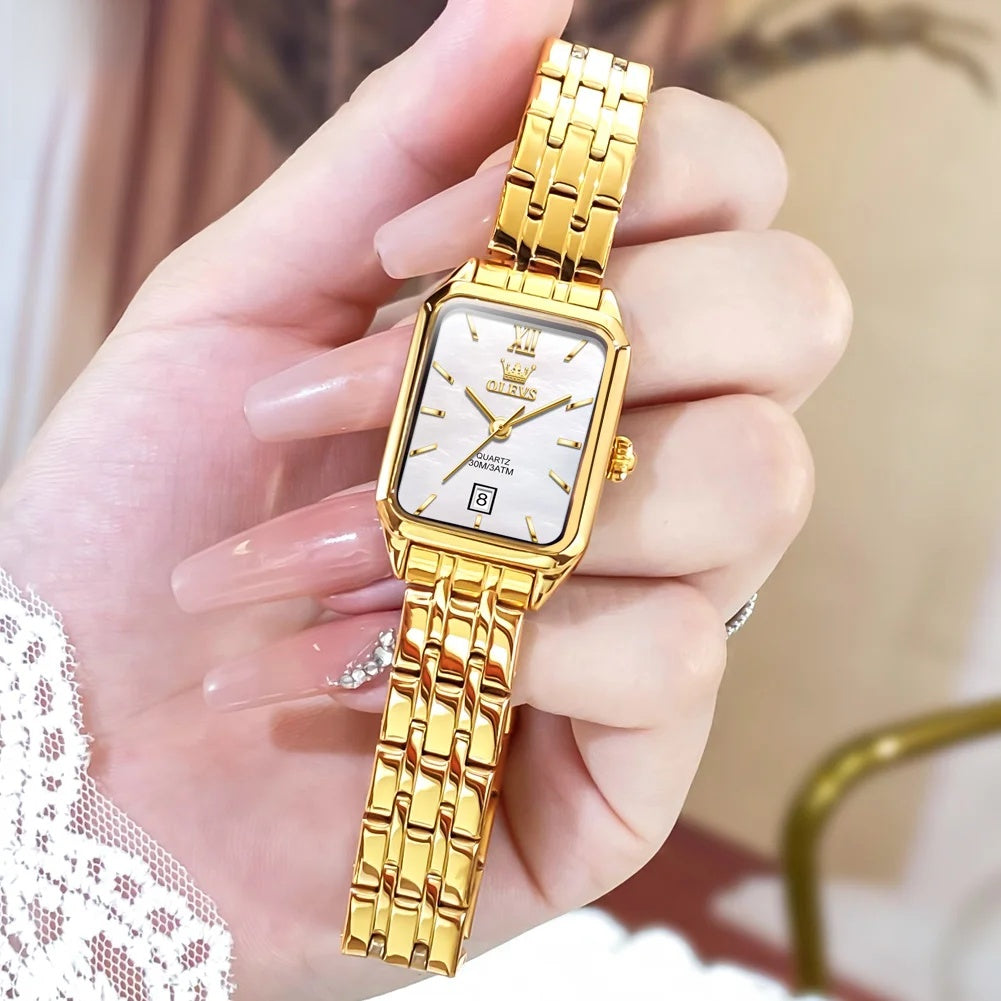 Women's Gold Stainless Steel Rectangular Dress Watch