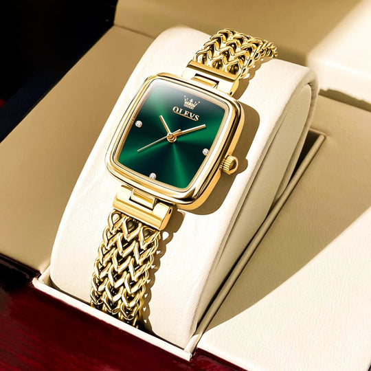 Women's Gold Stainless Steel Rectangular Dress Watch