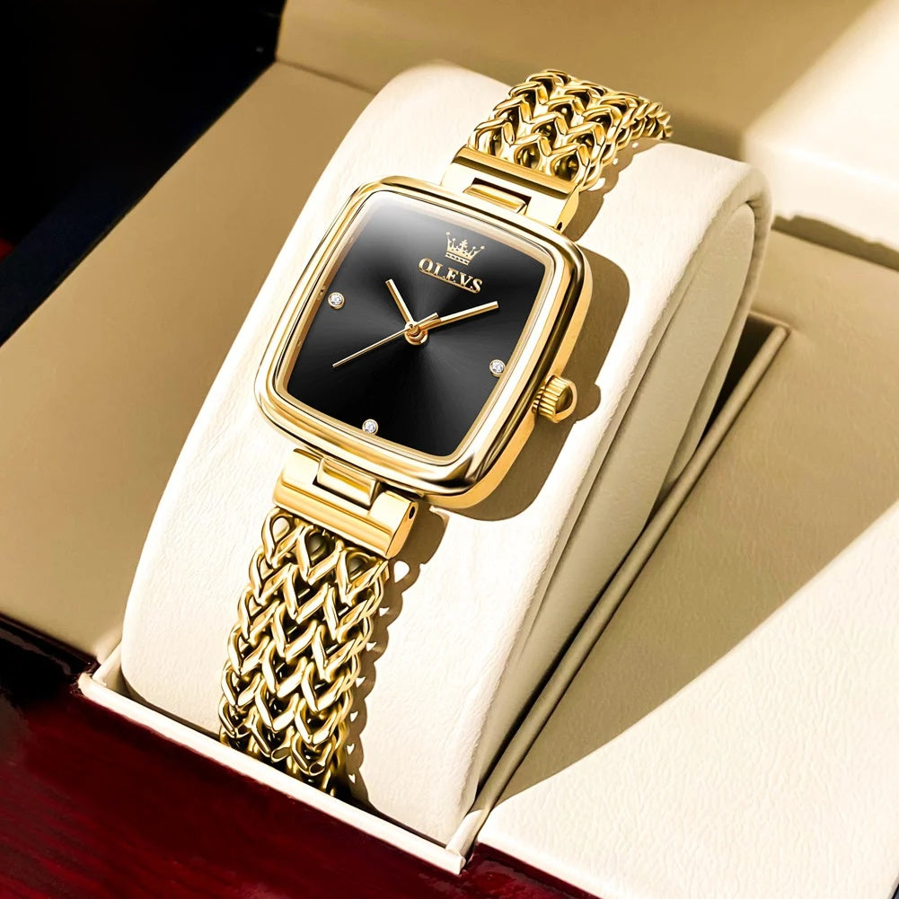 Women's Gold Stainless Steel Rectangular Dress Watch