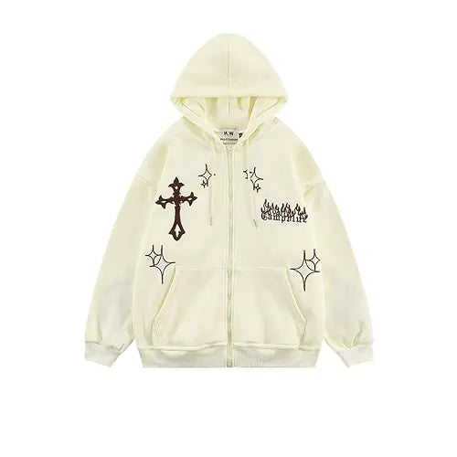 CUTEGAL Aesthetic Hoodie Y2K Hoodie Gothic Hoodie Graphic Hoodie Flame Cross Print Streetwear Oversized Hoodie Unisex 2023AW (WhiteXLX-Large)