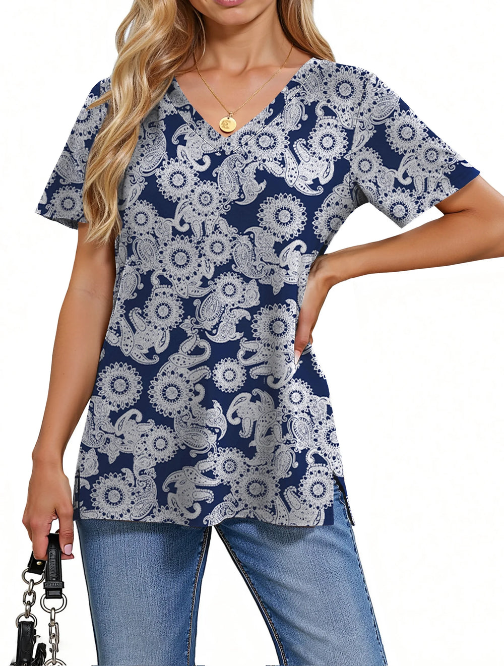V Neck T Shirts for Women Floral Summer Tops Short Sleeve Shirts Casual Tunic Tops