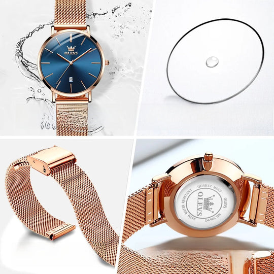 Women's Mesh Strap Watch Slim Quartz Date Luminous Steel