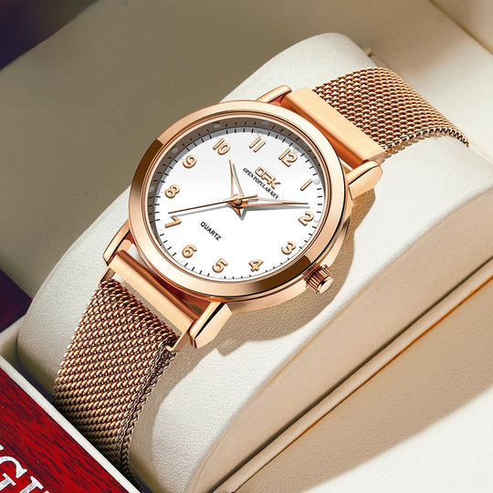 Women's Rose Gold Mesh Quartz Watch Slim Luminous Waterproof