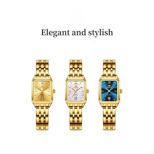 Women's Gold Stainless Steel Rectangular Dress Watch