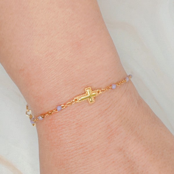 Gold Dainty Cross Chain Bracelet With Black Beads Adjustable