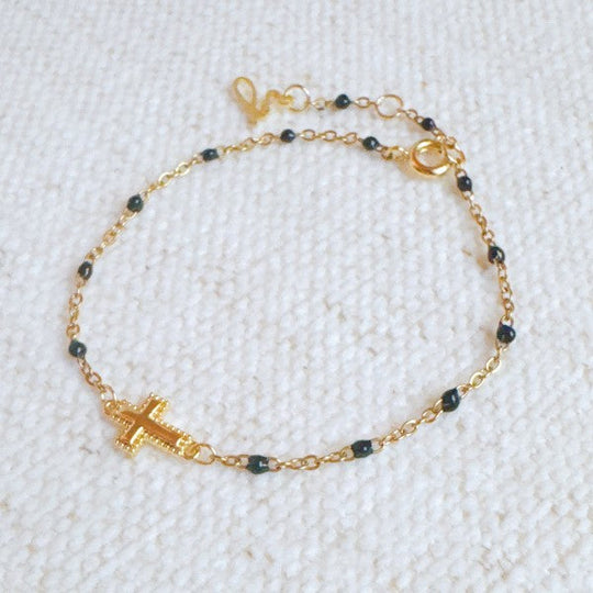Gold Dainty Cross Chain Bracelet With Black Beads Adjustable