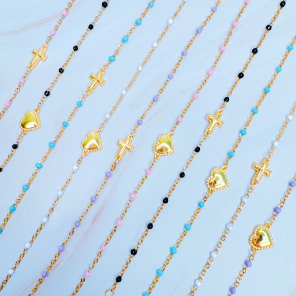 Gold Dainty Cross Chain Bracelet With Black Beads Adjustable