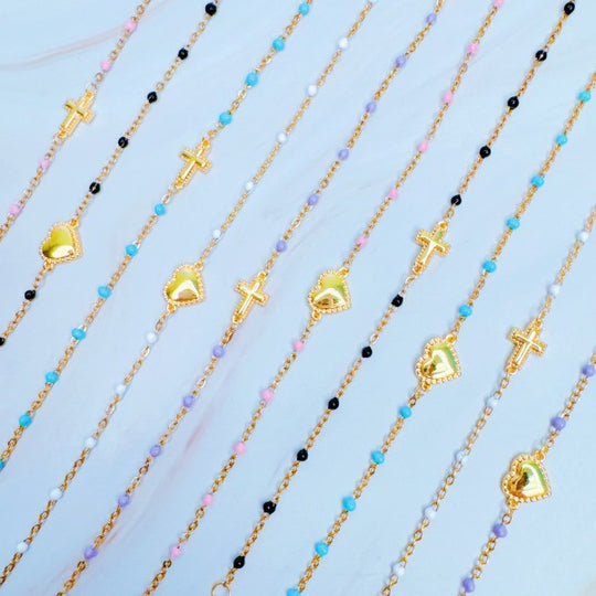 Gold Dainty Cross Chain Bracelet With Black Beads Adjustable