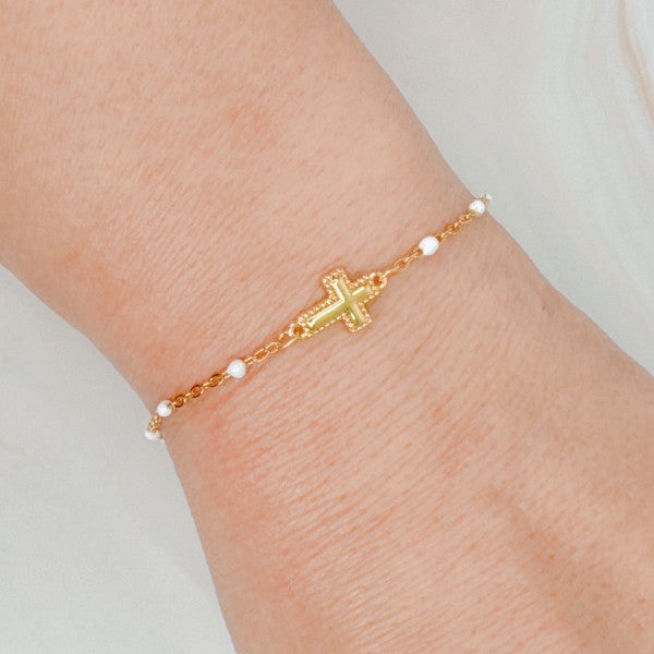 Gold Dainty Cross Chain Bracelet With Black Beads Adjustable