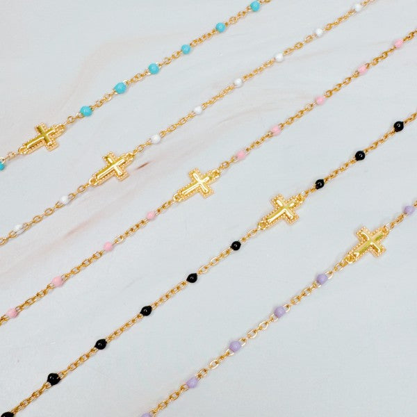 Gold Dainty Cross Chain Bracelet With Black Beads Adjustable