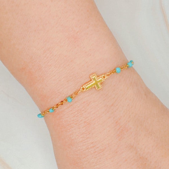 Gold Dainty Cross Chain Bracelet With Black Beads Adjustable