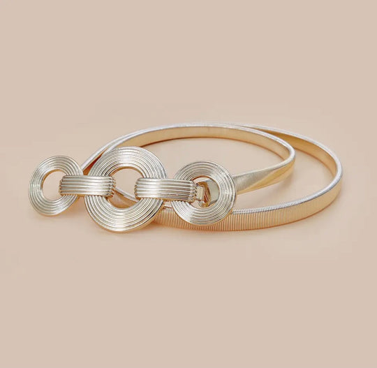 Gold Three Ring Elastic Metal Waist Stretch Belt For Women