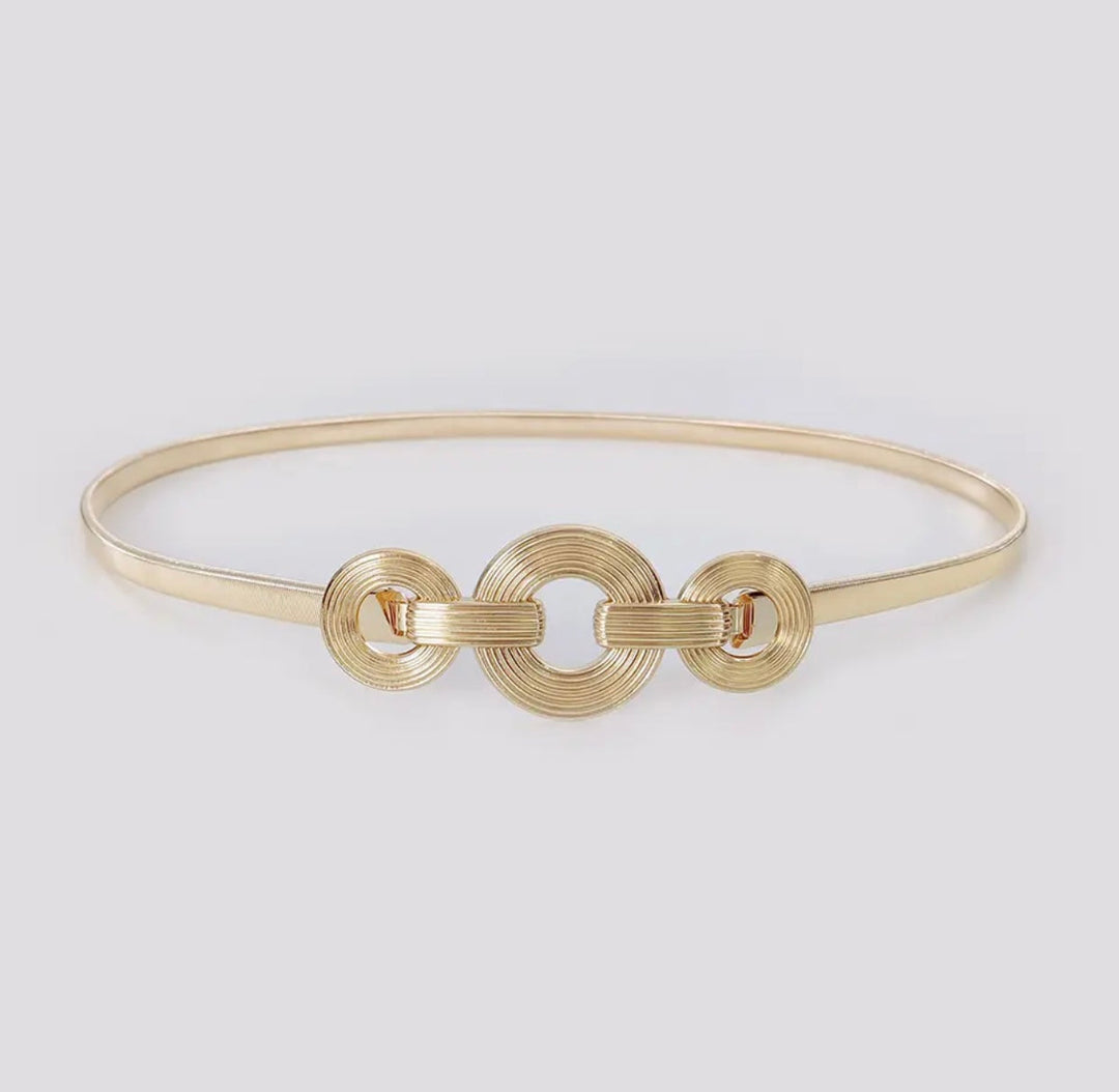 Gold Three Ring Elastic Metal Waist Stretch Belt For Women