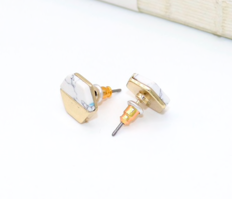 Gold White Marble Hexagon Stud Earrings Minimal Lightweight