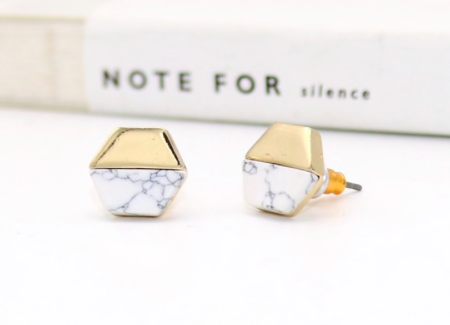 Gold White Marble Hexagon Stud Earrings Minimal Lightweight