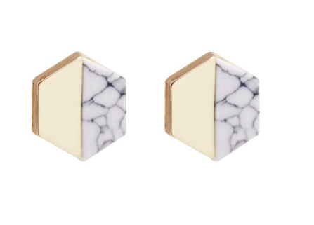 Gold White Marble Hexagon Stud Earrings Minimal Lightweight