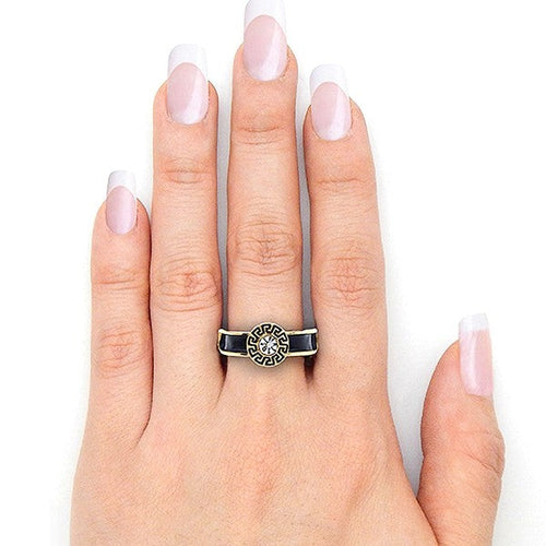 Greek Key Medallion Epoxy Ring Black Enamel Adjustable