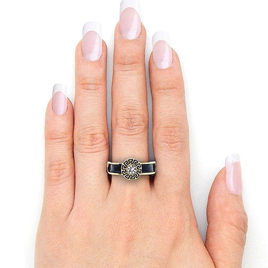 Greek Key Medallion Epoxy Ring Black Enamel Adjustable