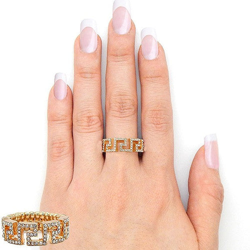 Greek Key Stretch Ring Gold Tone Crystal Round Band