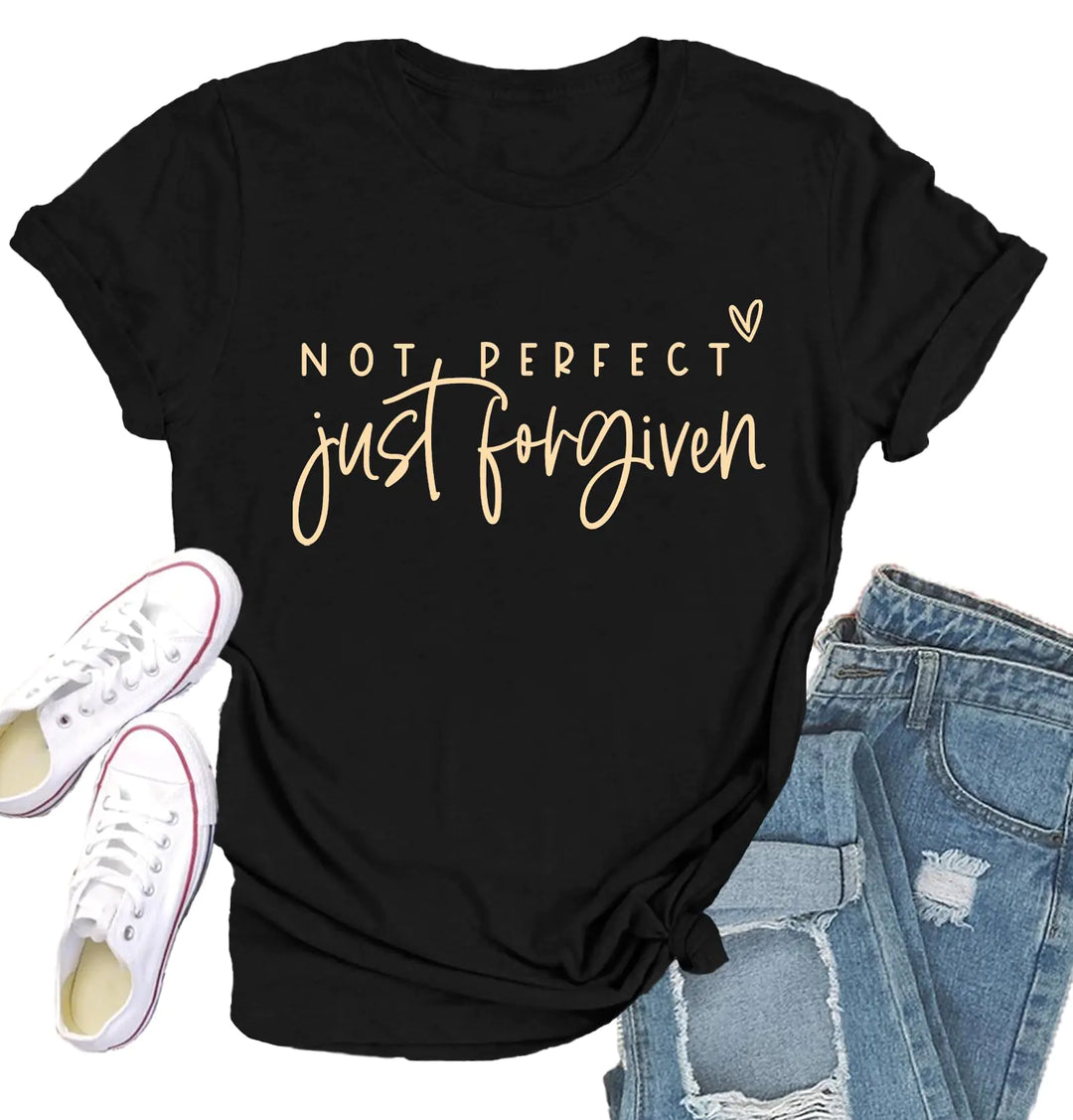 Qskall Women Christian Shirt Not Perfect Just Forgiven Tshirt Inspirational Tee Tops Black