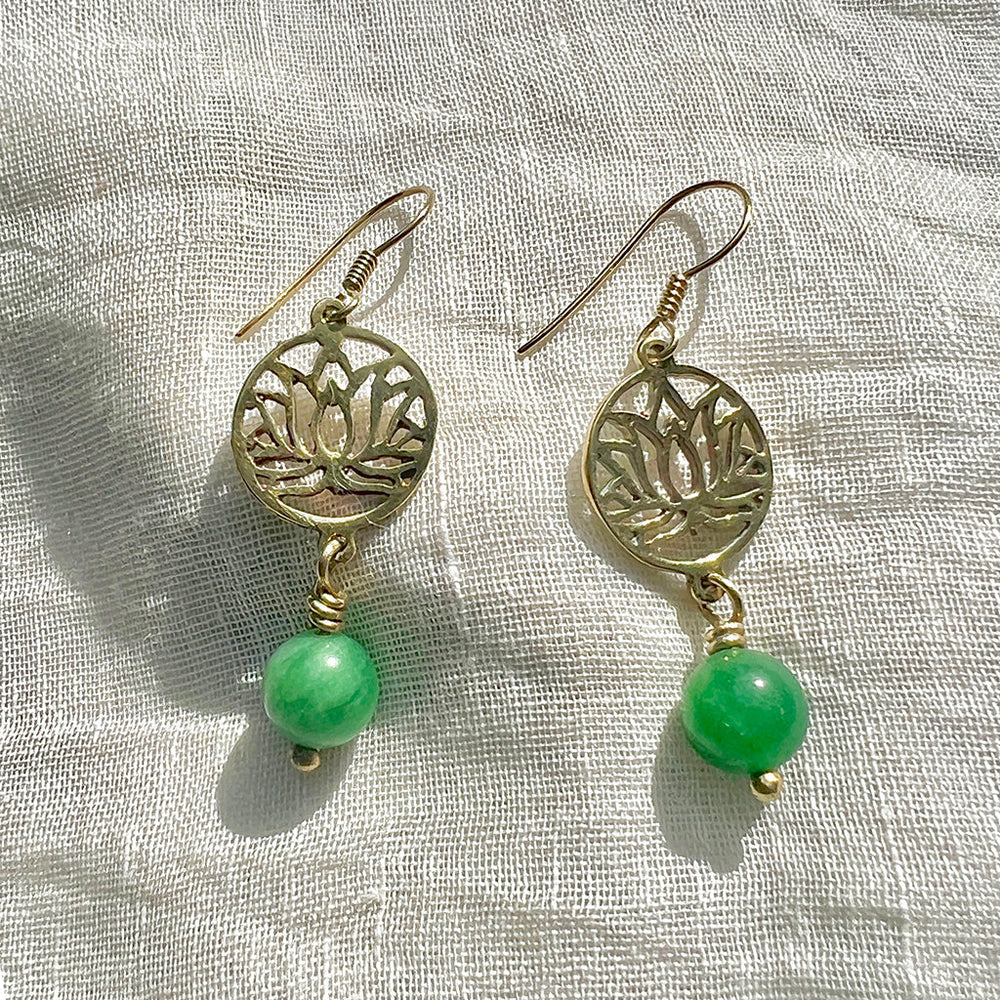 Lotus Drop Earrings Emerald Glass Bead Recycled Brass Bombshell Jewelry