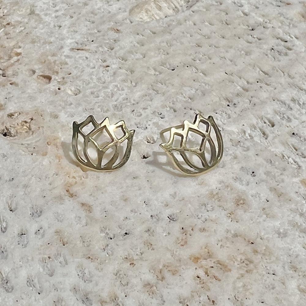 Lotus Stud Earrings Recycled Bombshell Brass Symbolic Rebirth Minimalist Jewels