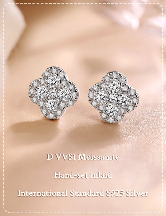 Moissanite Four-Leaf Clover Stud Earrings S925 Sterling Silver Women Gift