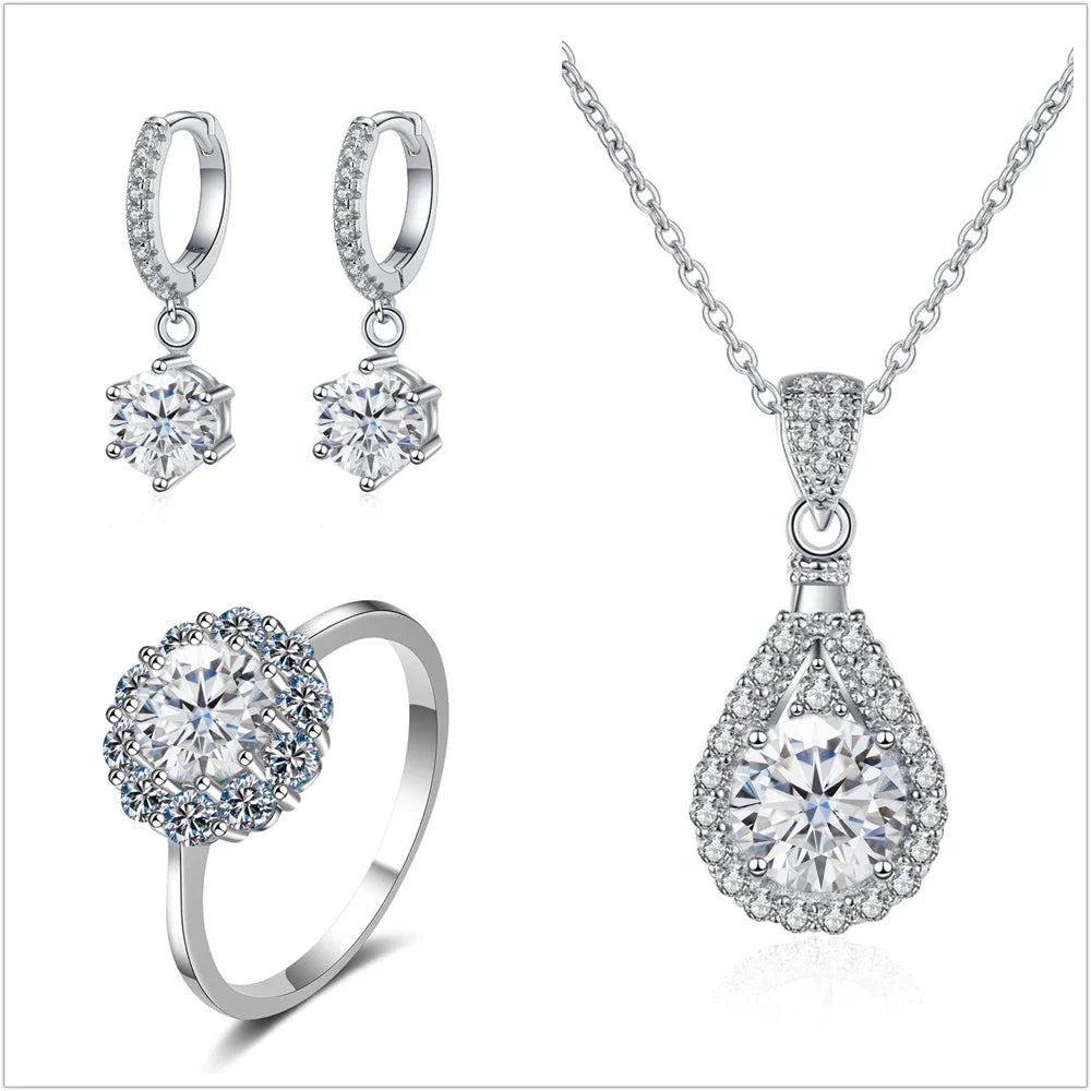 Moissanite Jewelry Set 925 Sterling Silver Ring Earring Pendant Necklace Bridal