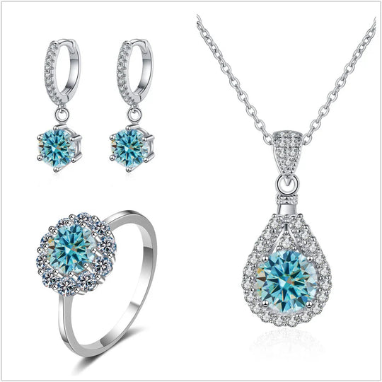 Moissanite Jewelry Set 925 Sterling Silver Ring Earring Pendant Necklace Bridal