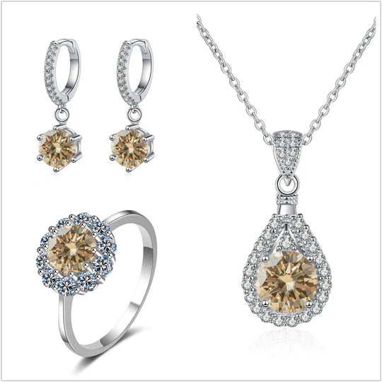 Moissanite Jewelry Set 925 Sterling Silver Ring Earring Pendant Necklace Bridal