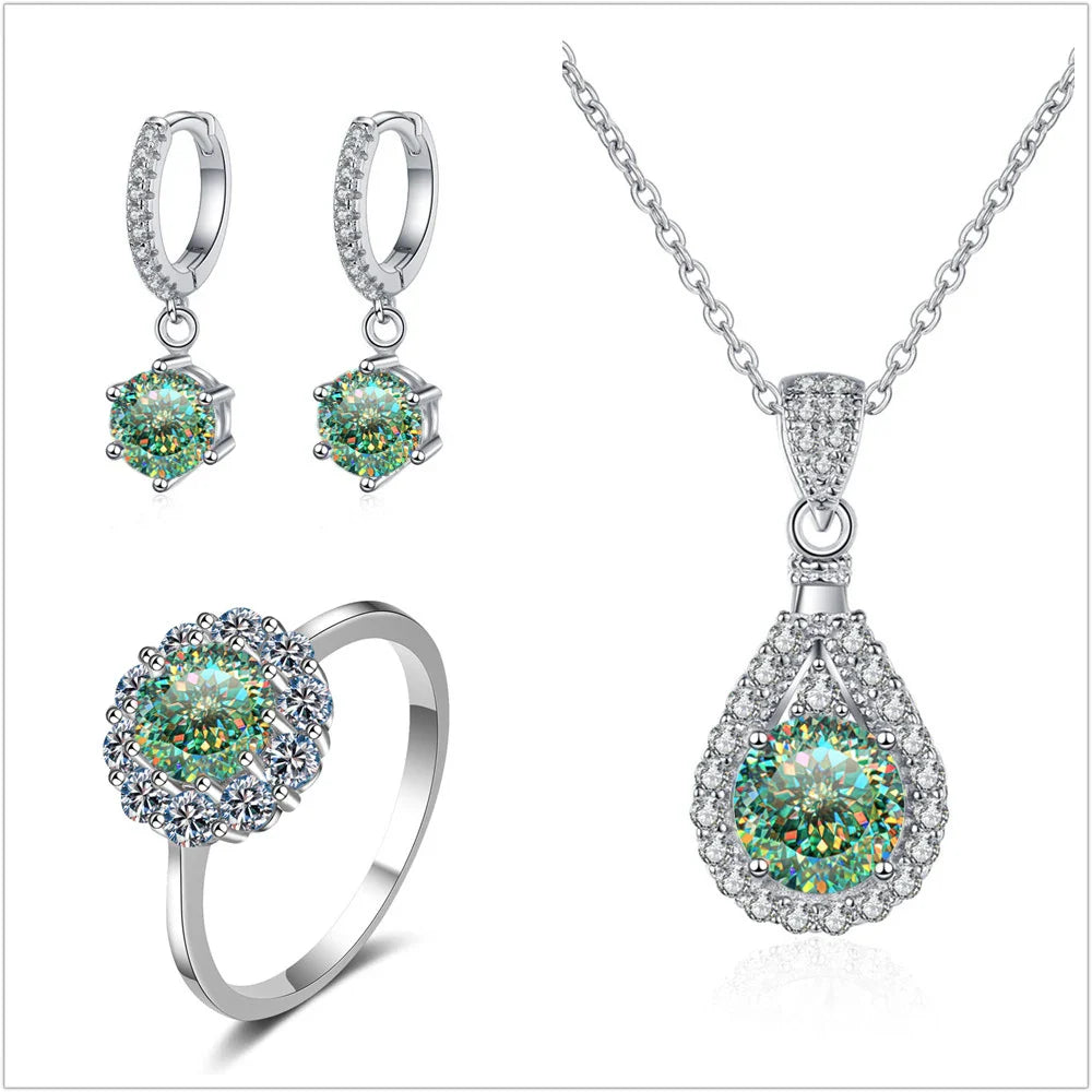 Moissanite Jewelry Set 925 Sterling Silver Ring Earring Pendant Necklace Bridal