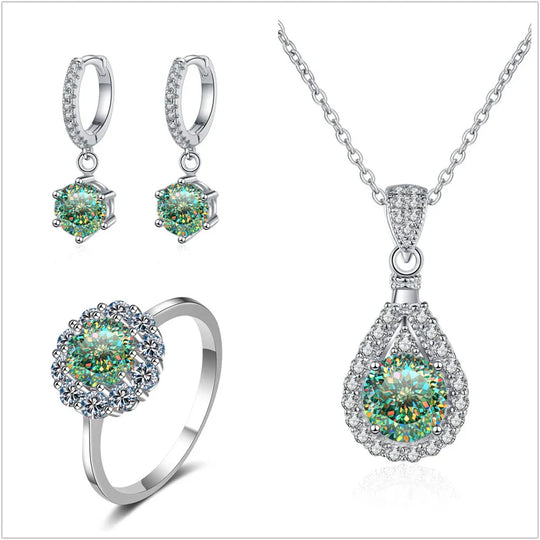 Moissanite Jewelry Set 925 Sterling Silver Ring Earring Pendant Necklace Bridal