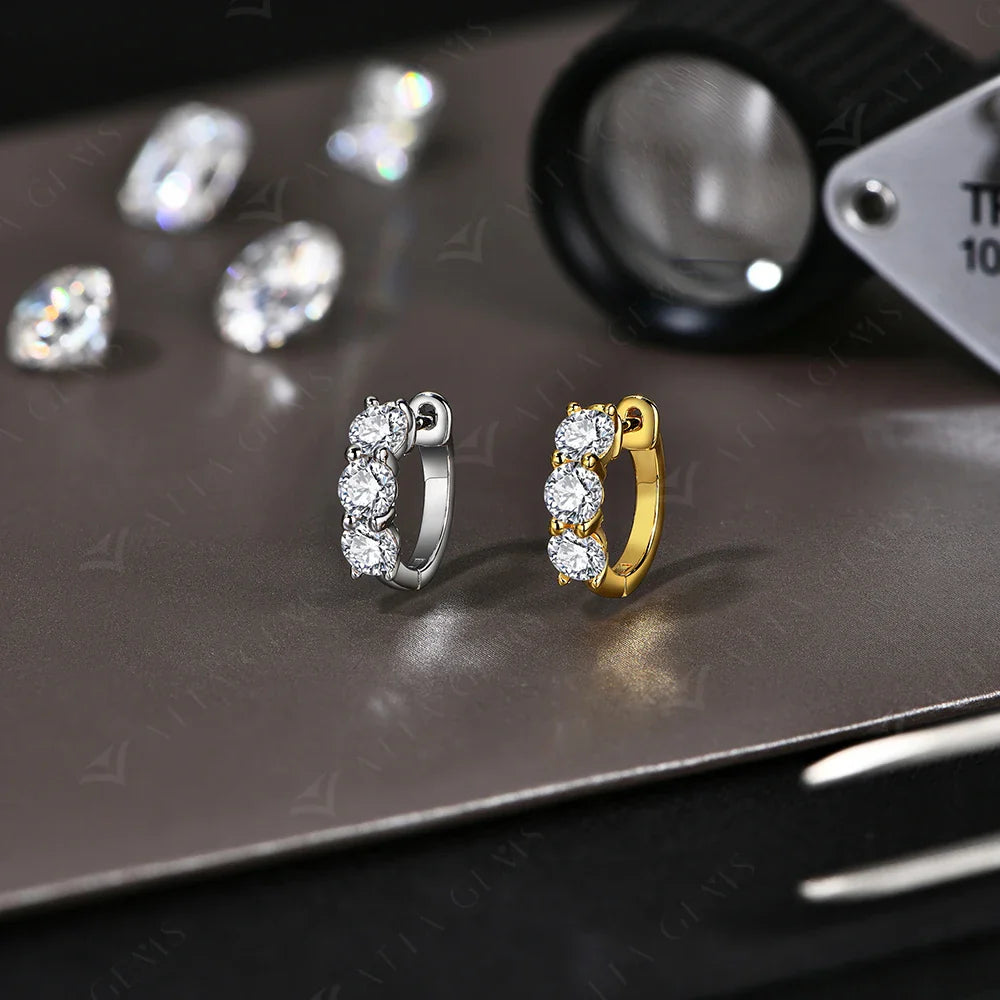 Moissanite Three-Stone Hoop Earrings 1.8 CTW Round Cut 925 Sterling Silver