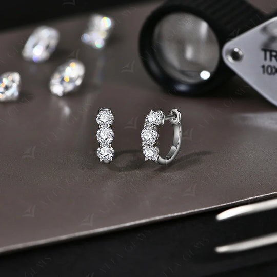 Moissanite Three-Stone Hoop Earrings 1.8 CTW Round Cut 925 Sterling Silver