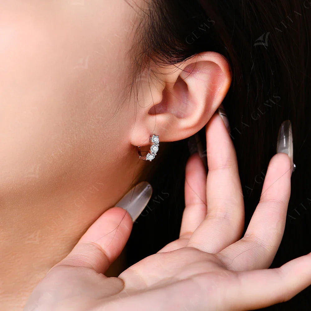 Moissanite Three-Stone Hoop Earrings 1.8 CTW Round Cut 925 Sterling Silver