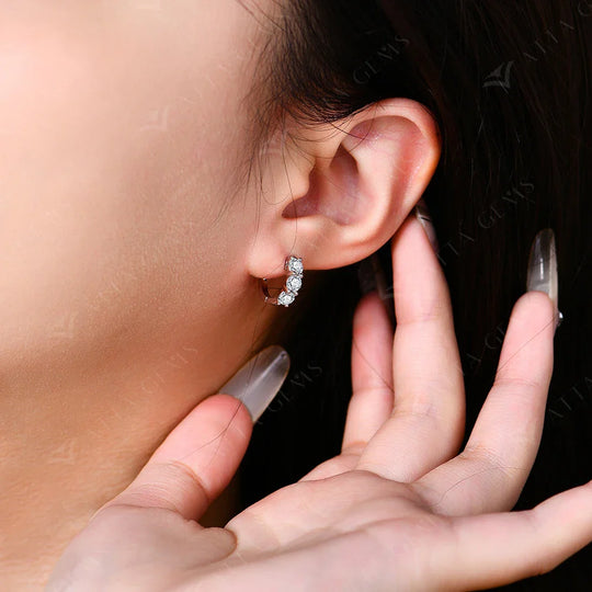 Moissanite Three-Stone Hoop Earrings 1.8 CTW Round Cut 925 Sterling Silver