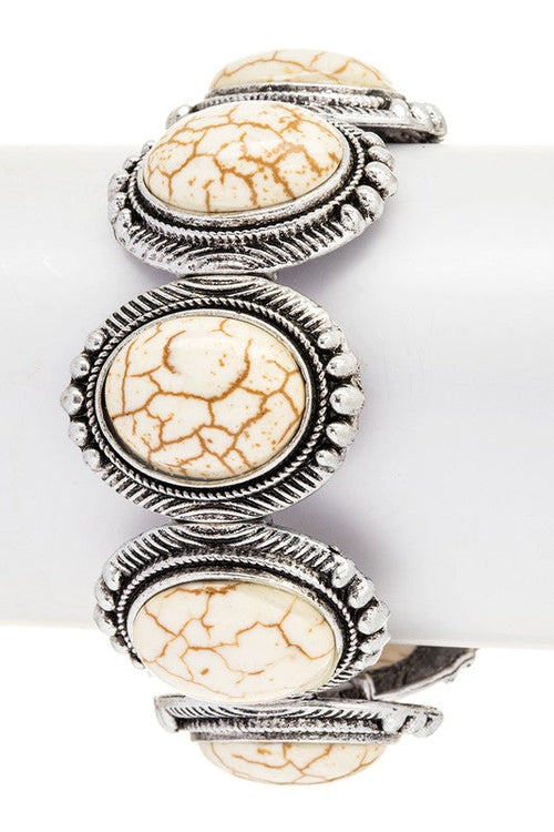 Oval Stone Stretch Bracelet Boho Silver Tone Cream Beaded