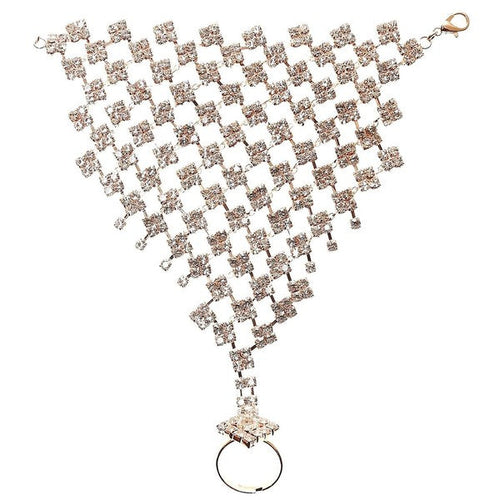 Rhinestone Square Link Hand Chain Bracelet With Ring