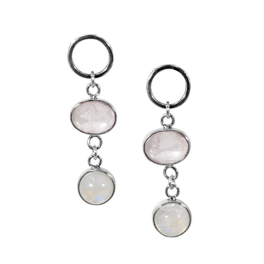 Rose Quartz Rainbow Moonstone Sterling Silver Drop Earrings