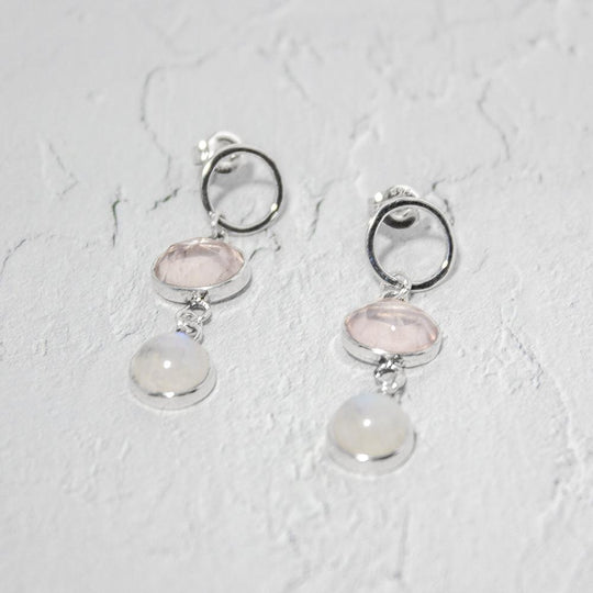 Rose Quartz Rainbow Moonstone Sterling Silver Drop Earrings