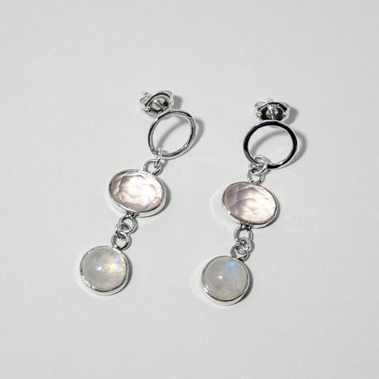 Rose Quartz Rainbow Moonstone Sterling Silver Drop Earrings